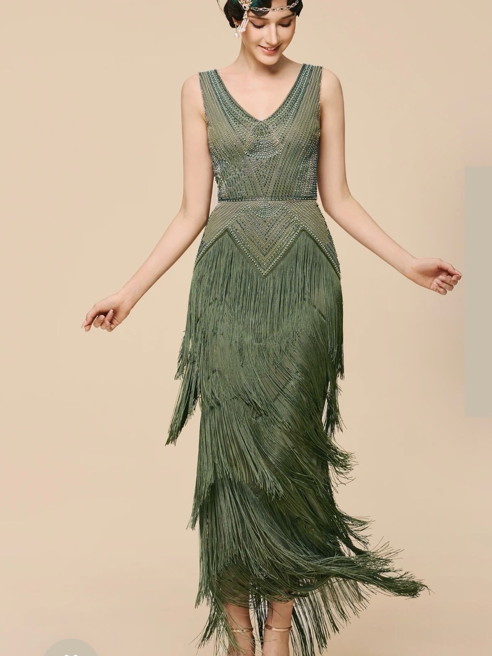 Olive Green Fringe V-Neck Cocktail Dress